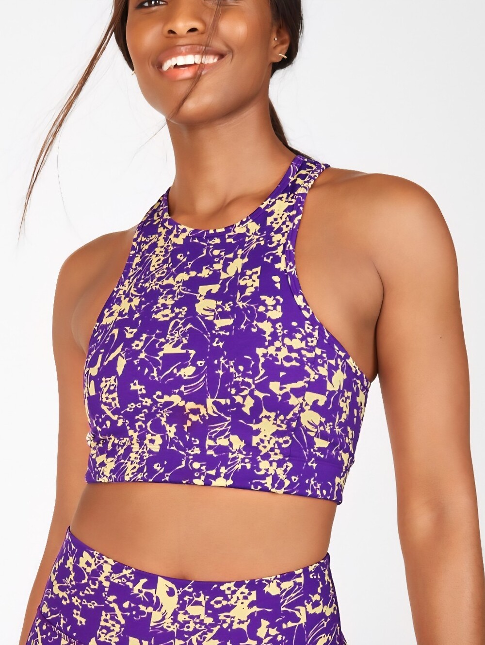 Fabletics Deva Purple & Cream Printed Leggings Matching Sports Bra Set Small